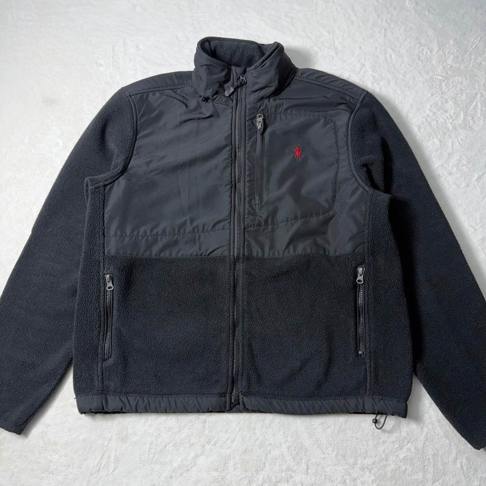 Polo Ralph Lauren M Men Black Polartec Denali Fleece Zip Jacket Hide Away Hood